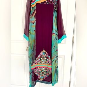 Embroidered chiffon gown with matching trousers and dupatta, size small.